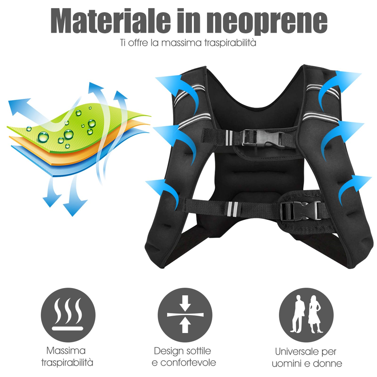 COSTWAY Giubbotto Zavorrato 8/15kg con Striscia Riflettente, Gilet con Pesi per Allenamento Forza e Resistenza, Nero (15)