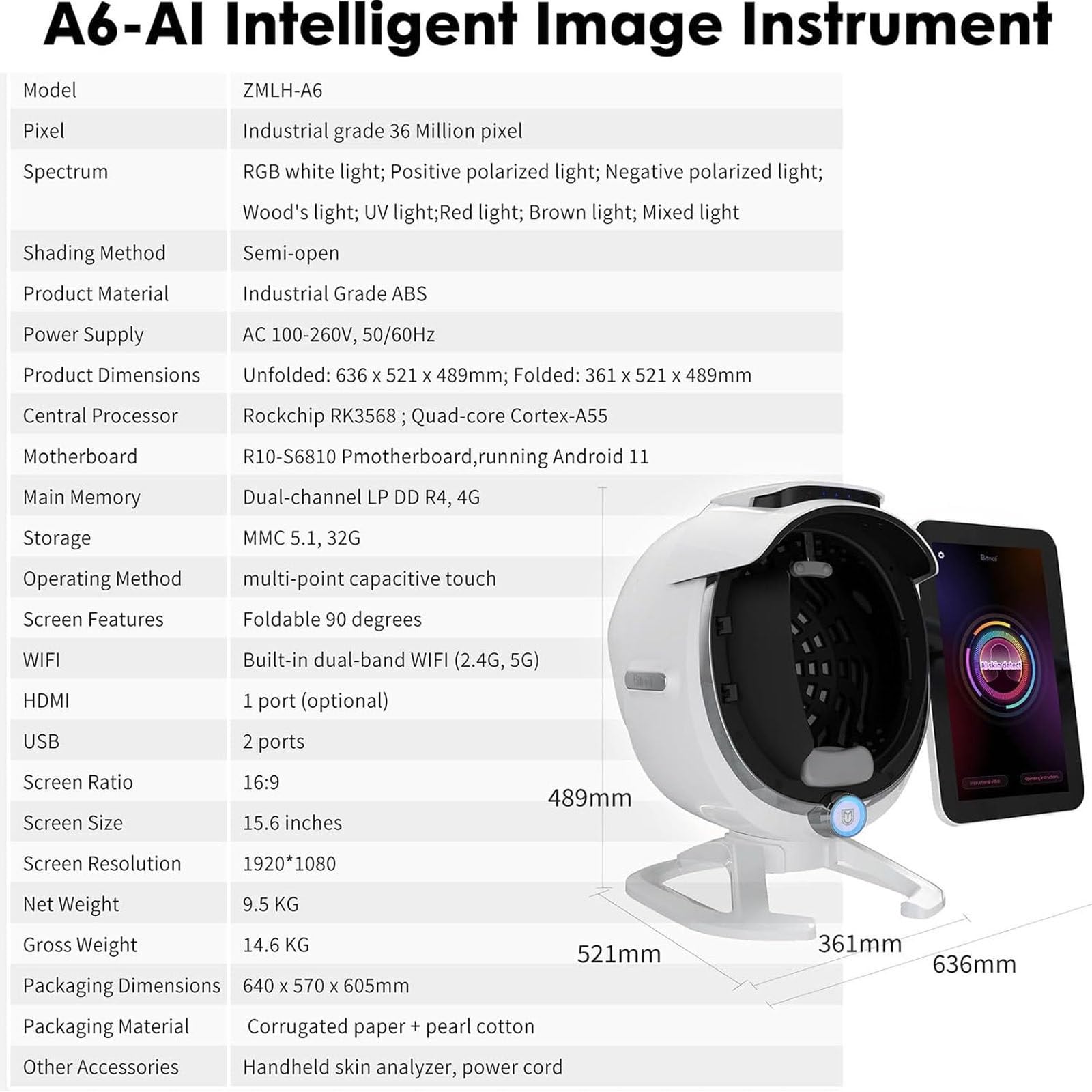 Máquina de análisis facial, escáner de 8 espectros con pantalla táctil de 15.6 pulgadas, analizador inteligente de 36 MP para spa y salón, detecta poros, arrugas y pigmentación