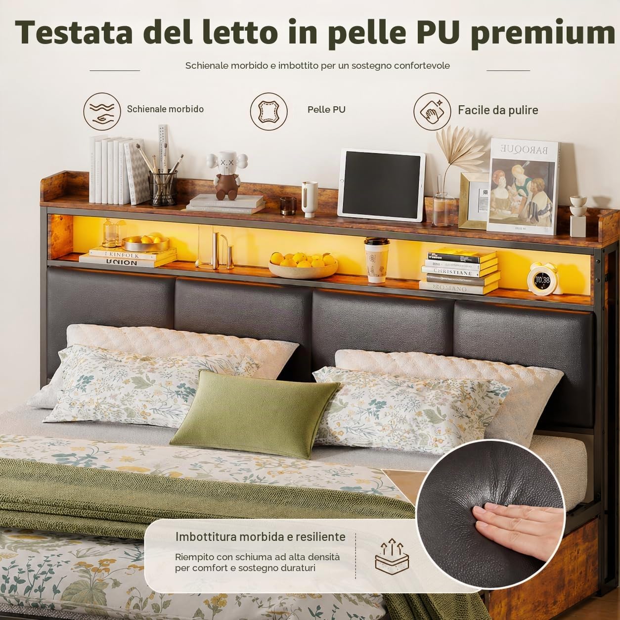 BRILVERDE Letto metallo 180x200 con Contenitore, letto matrimoniale con LED, letto con 4 cassetti, con testiera, struttura letto con rete a doghe, Pu (Nero, 180 x 200 cm)