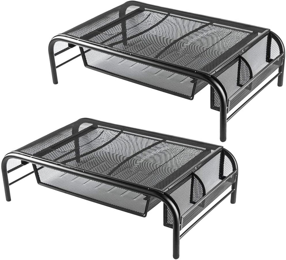 Halter Mesh Monitor Stand Computer Desk Riser Shelf with Side Compartment and Pull Out Drawer, Desk Organizer (2 Pack, Black)