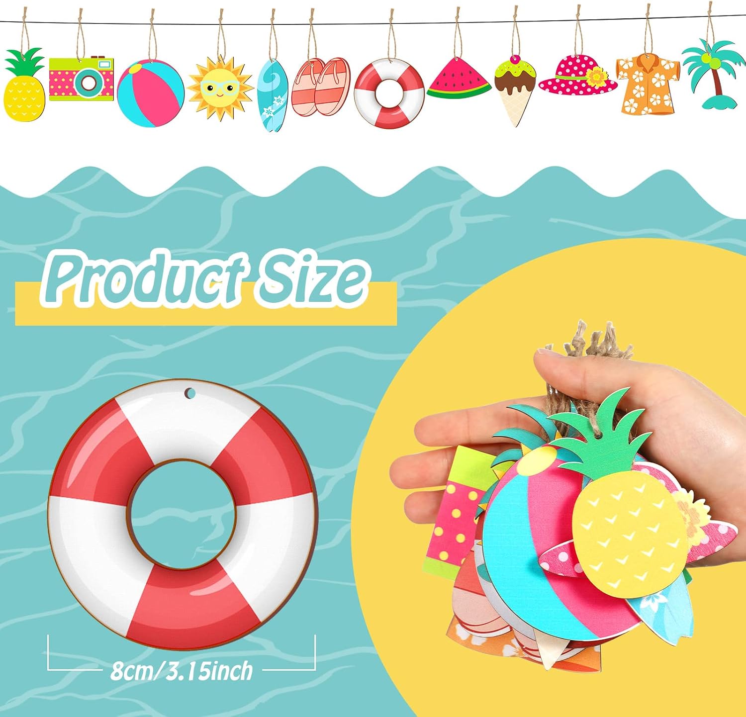 36 Pieces Summer Ornaments for Tree Hawaiian Tree Decorations Summer Wood Hanging Ornaments Hawaiian Beach Wooden Pendant Decorations with String and Holes for Luau Party Supplies