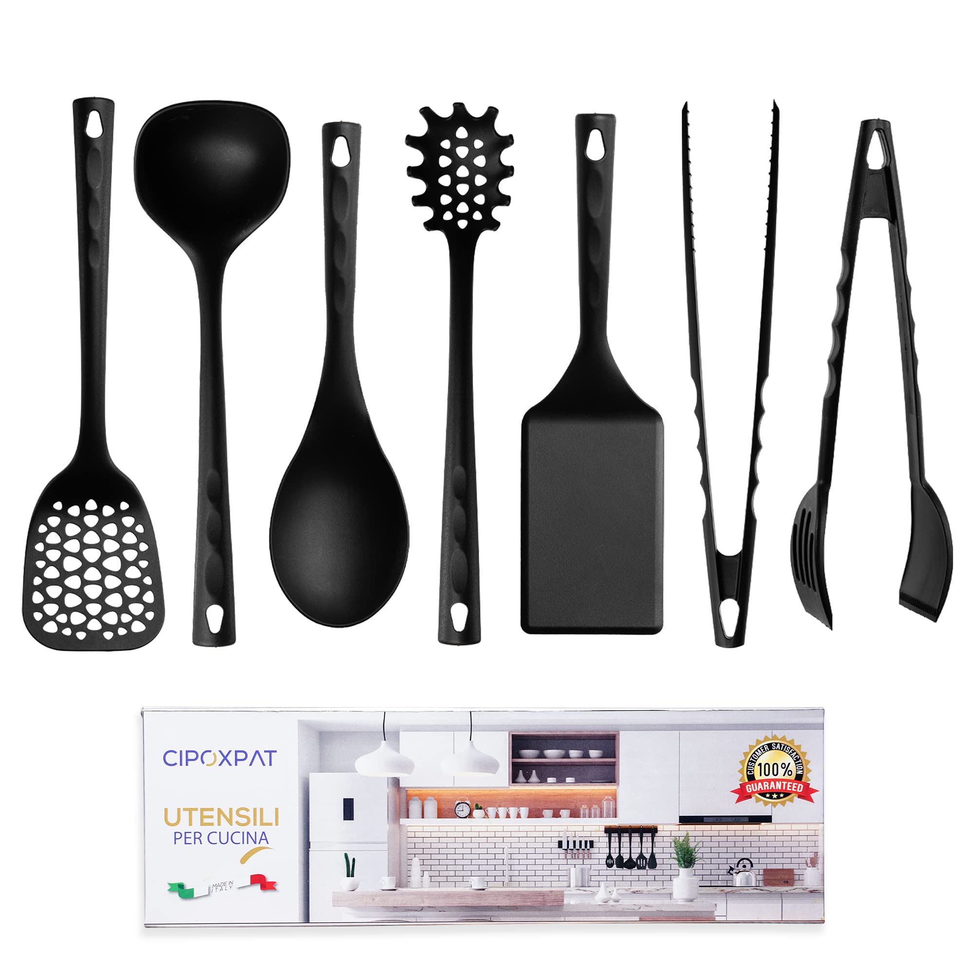 CIPOXPAT Set Utensili Cucina Professionali Made in Italy in Nylon 6.6 Set Mestoli da Cucina da 7pz Antigraffio Antiaderente e Resistente al Calore Fino a 220° Lavabili in Lavastoviglie