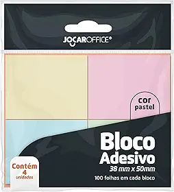 BLOCO ADESIVO COLORIDO PASTEL 38MMX50MM - OPPBAG C/ 4 BLOCOS 100F CADA JOCAR OFFICE