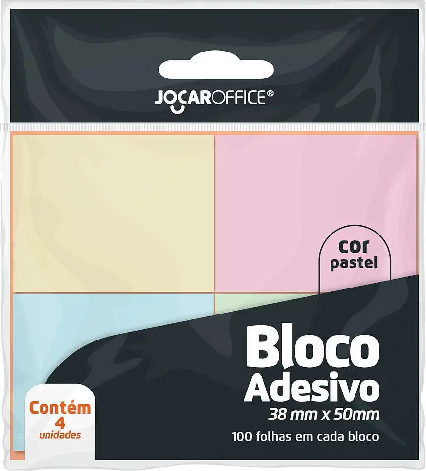 BLOCO ADESIVO COLORIDO PASTEL 38MMX50MM - OPPBAG C/ 4 BLOCOS 100F CADA JOCAR OFFICE