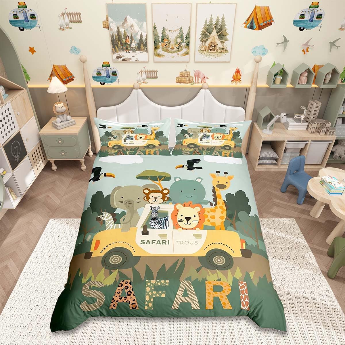 Housse de couette et taie d'oreiller animaux savane pour lit d'enfant
