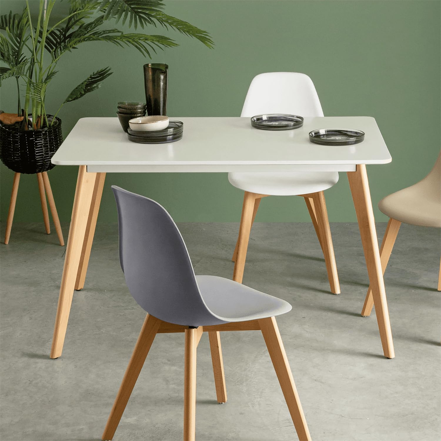 Mesa Comedor, Mesas de Cocina Estilo Nórdico, Diseño Resistente, Duradero y Ligero, Tablero MDF Blanco Mate, Patas de Madera de Haya, 120 x 80 x 75 cm