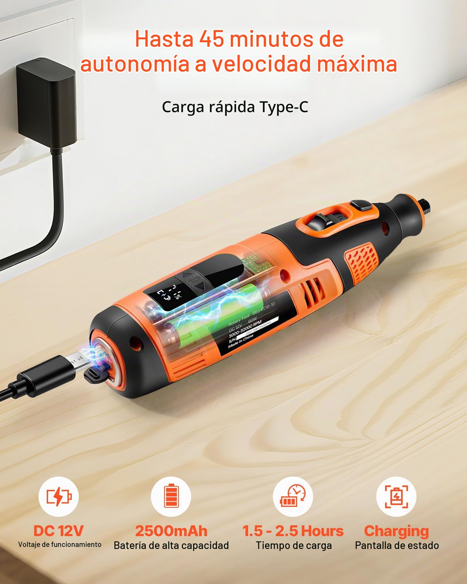 VEVOR Kit de Herramientas Rotativas Inalámbricas, 119 Piezas, Portátil, de 12 V CC, 28 Velocidades, 5000-32 000 RPM, para Grabar, Lijar, Pulir, Tallar, Cortar y Manualidades, 230 x 55 x 57 mm