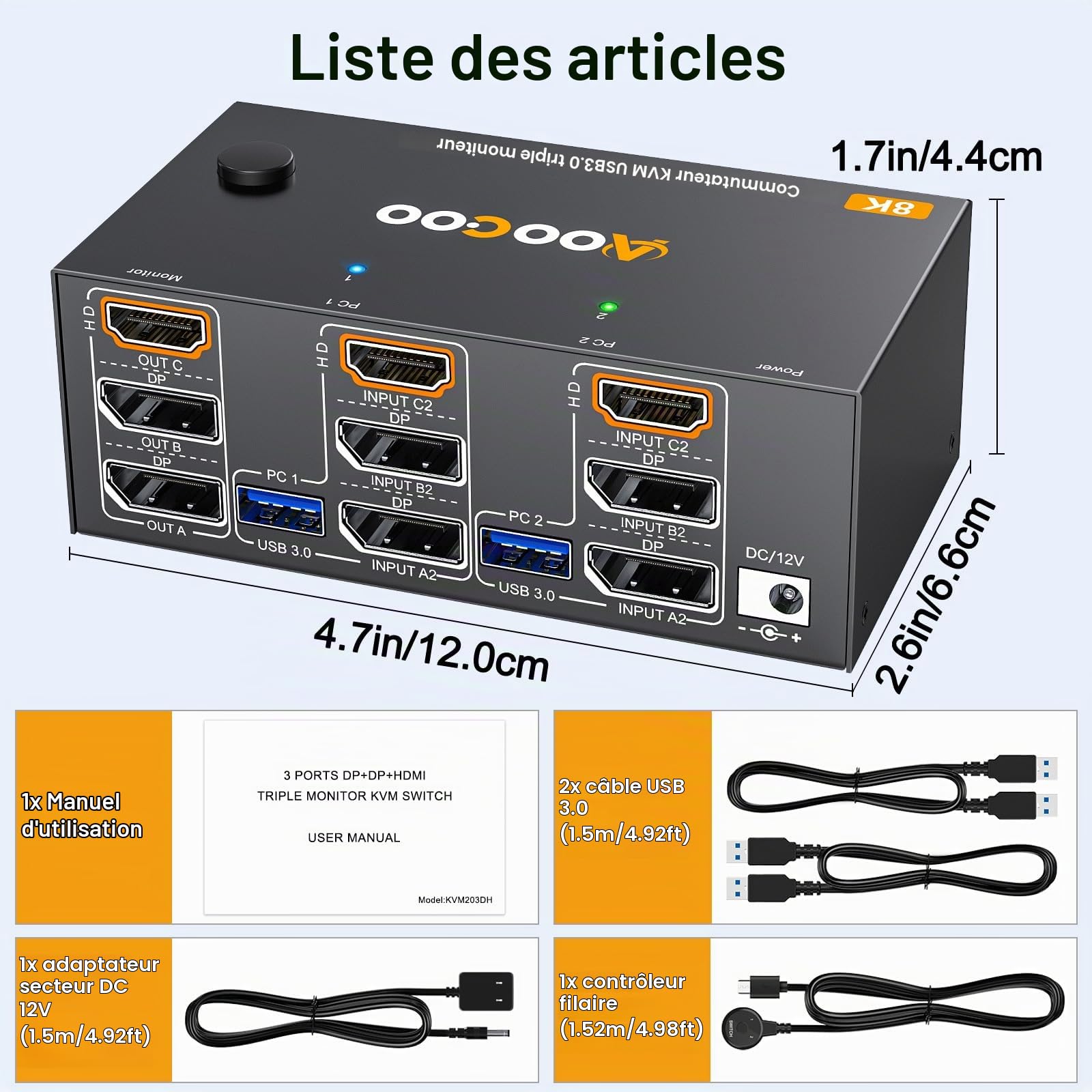 Commutateur KVM pour 2 PC et 3 moniteurs 4K@144Hz/8K@60Hz, triple monitors KVM Switch HDMI + 2 DisplayPort, 4 ports USB 3.0, télécommande filaire, alimentation et câble USB 3.0