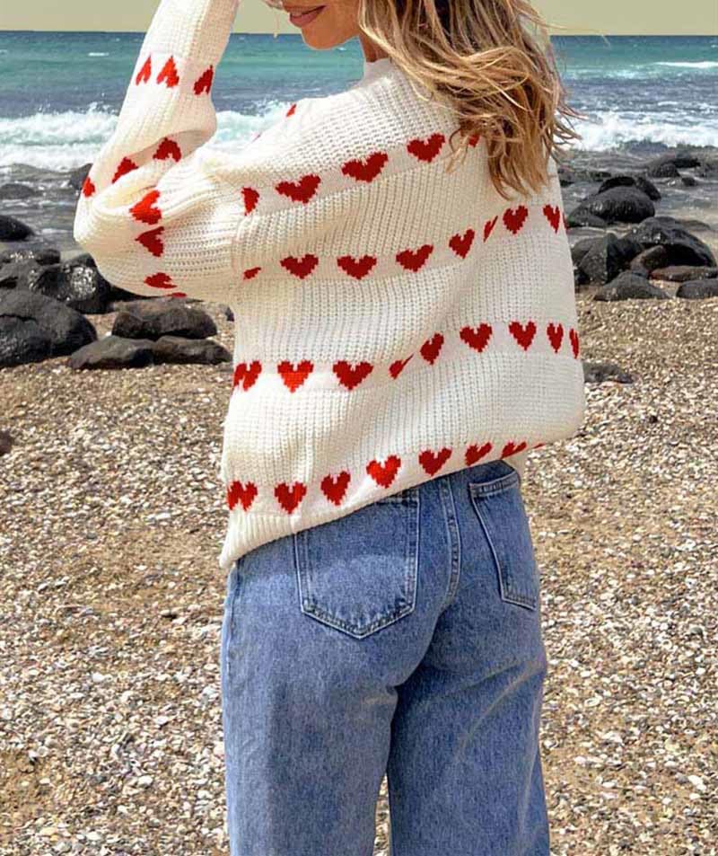 Image of Women Heart Print Sweaters Crewneck Loose Fit Knit Pullover Casual Sweater Tops