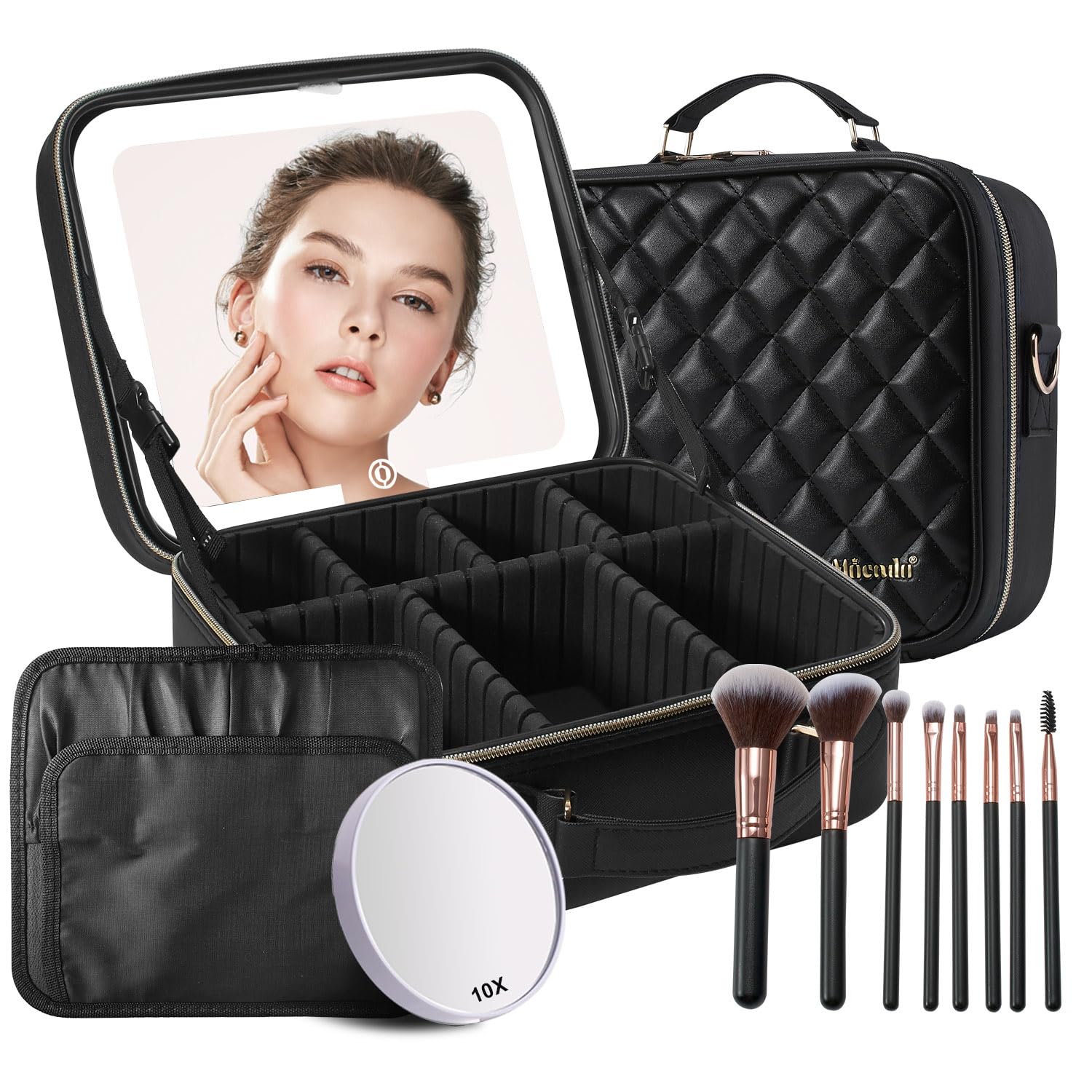 Mocado Travel Makeup Bag with LED Lighted Mirror,Travel Makeup Organizer, Makeup Case with 8 Makeup Brushes and 10x Magnifying Mirror, 3 Color Lighting, Adjustable Divider Makeup Box(Black Lozenge)Global Recycled StandardGlobal Recycled StandardGlobal Recycled Standard