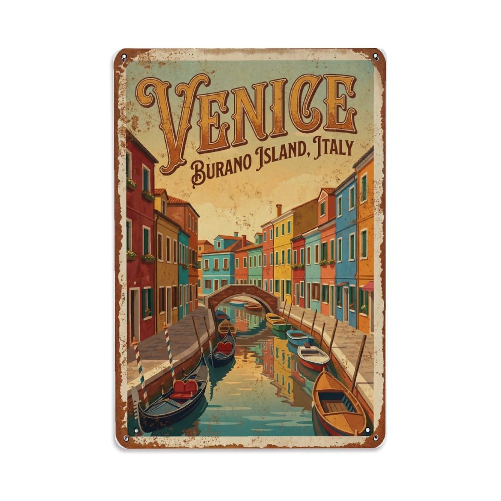 Vintage Travel Venice Colorful Burano Island Houses Rusted Italy Metal Tin Sign Plaque Wall Decor for Cafe, Club Bar, Office, Home Garden Metal Poster 8x12Inch