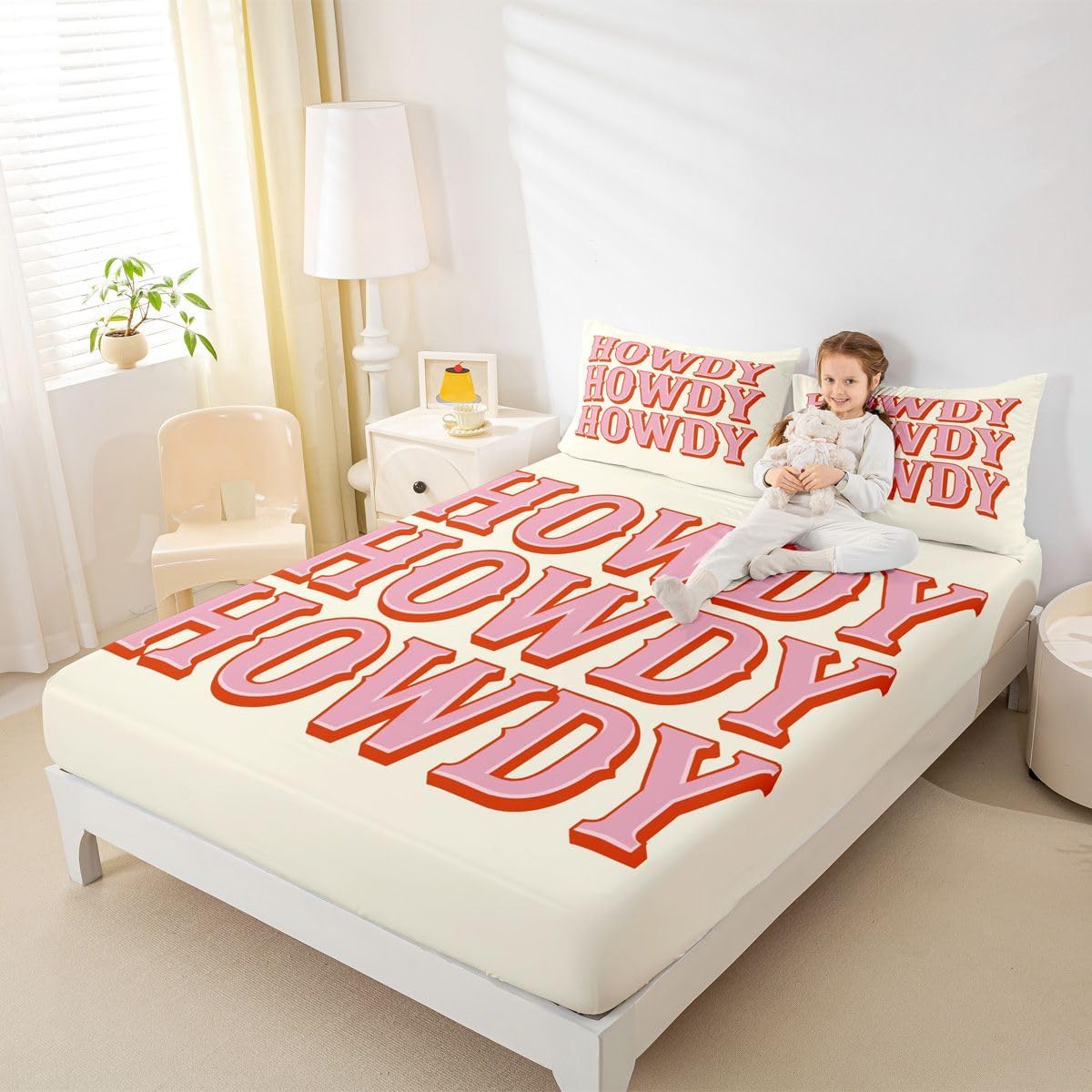 Printed Bed Sheet Set Abstract Words Fitted Sheet for Kids Boys Children Vintage Bedding Set Ultra Soft Decor Modern Art Pink Bedspread Cover Full Size with 2 Pillow Case