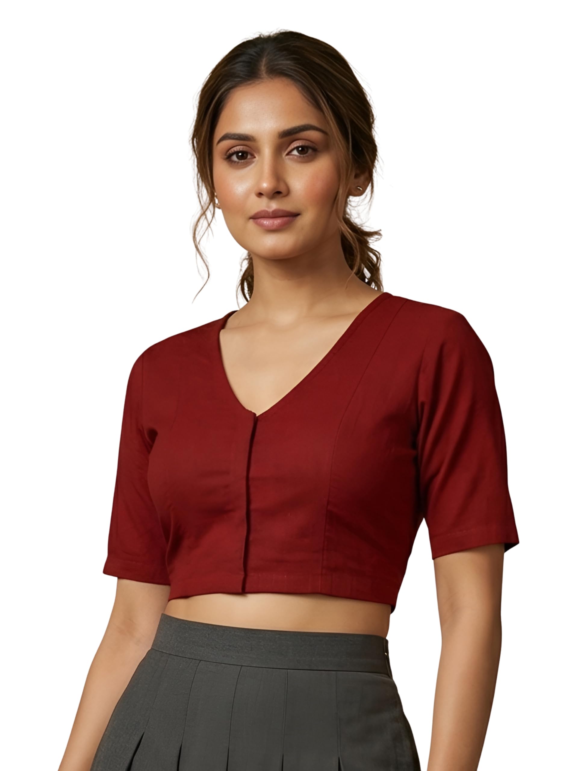 Yash Gallery Women’s Stretchable Rayon Lycra V-Neck Short Sleeve Front Open with Hook Stylish Crop Blouse Top for Ethnic Beige Designer Festive Choli Blouse