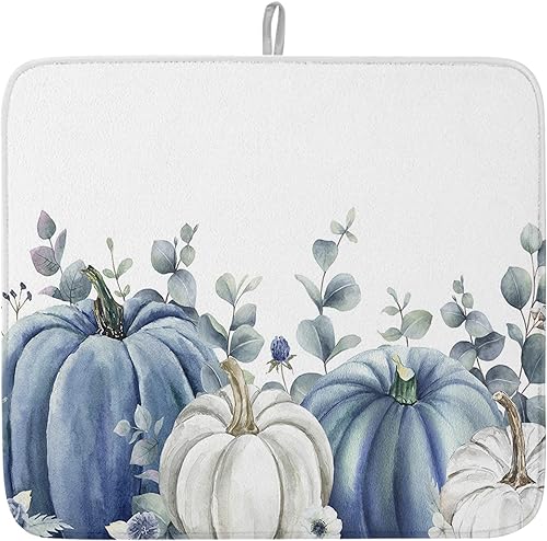 Tapete de secado de platos de otoño de calabazas azules y grises para encimera de cocina, tapete de cocina de Acción de Gracias, tapete de secado de