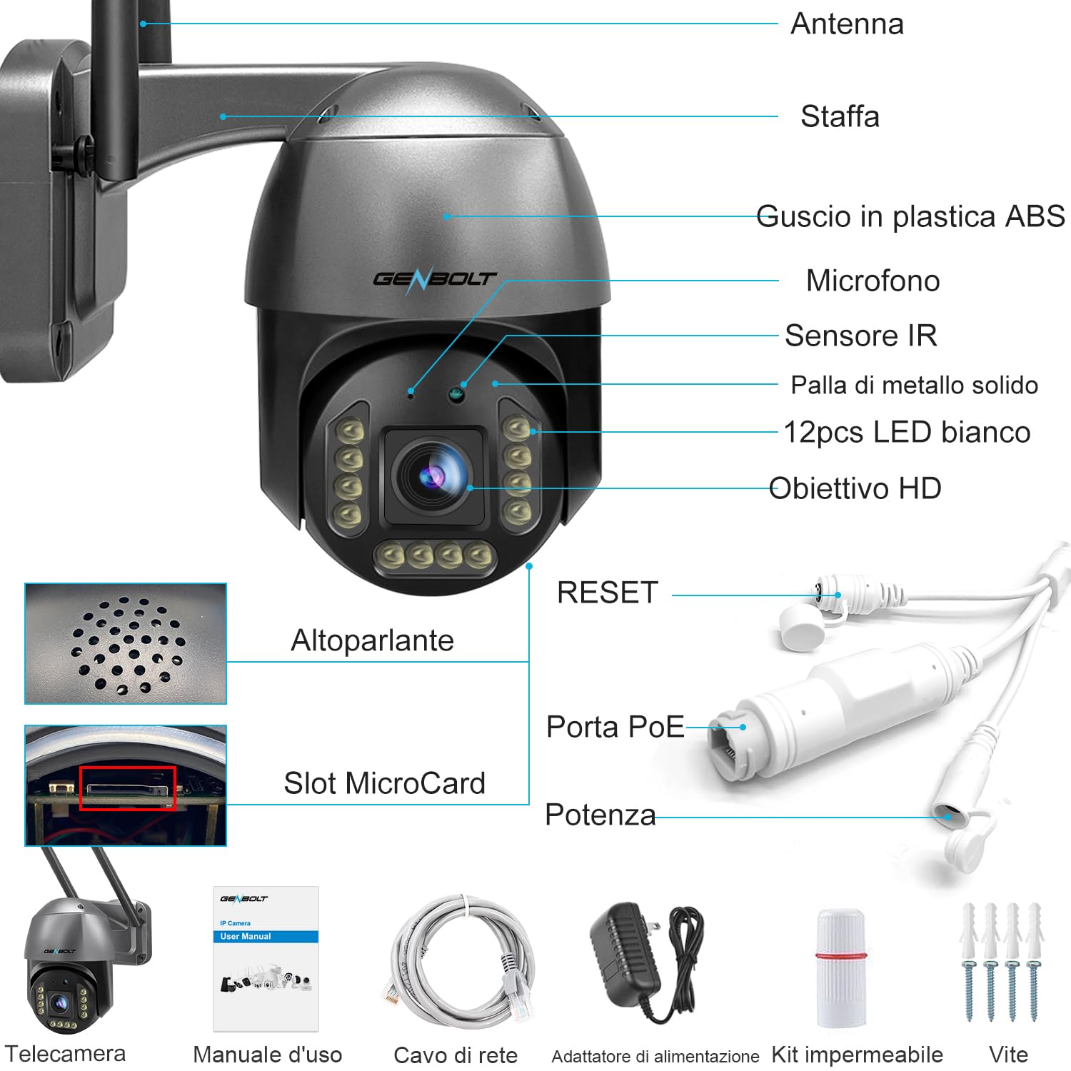 GENBOLT 4K PoE Telecamera Wi-Fi Esterno, 8MP PTZ Videocamera Sorveglianza | Rilevamento Persone/Veicoli, Registrazione 24/7, Inseguimento Auto, Visione Notturna Colore