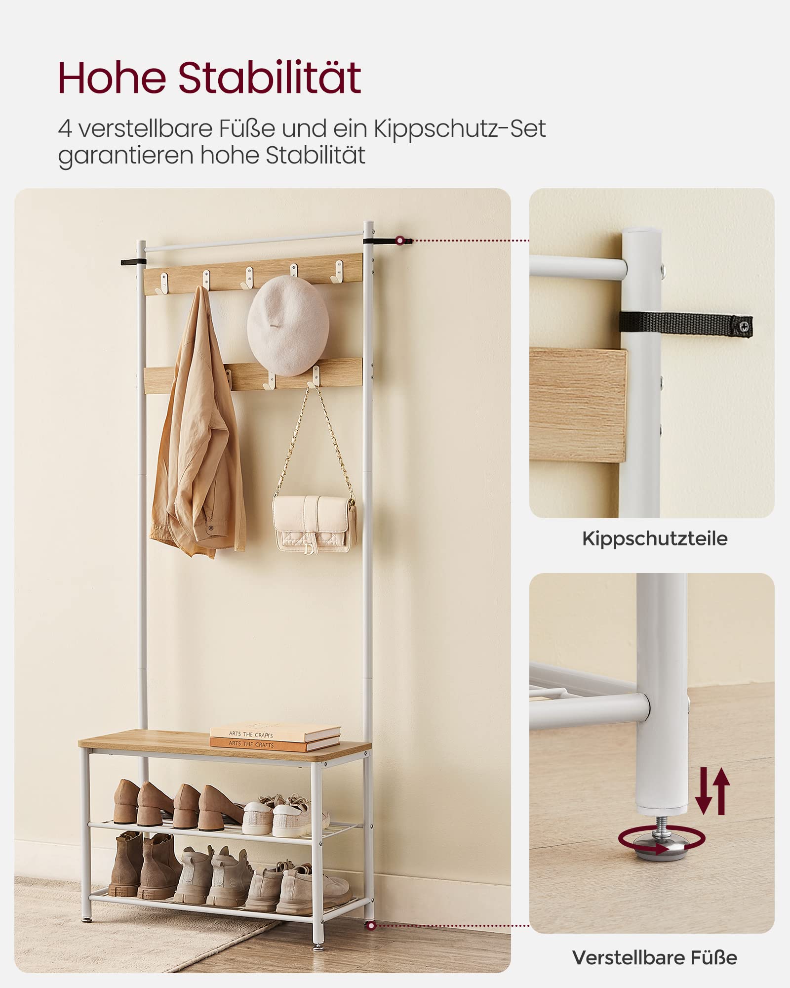 VASAGLE Garderobenständer, Kleiderständer mit Schuhablagen, Schuhregal mit Sitzfläche, für Flur, mit Haken, 3 Ablagen, aus Metall, Höhe 177 cm, modern, eichenfarben-weiß HSR041W09