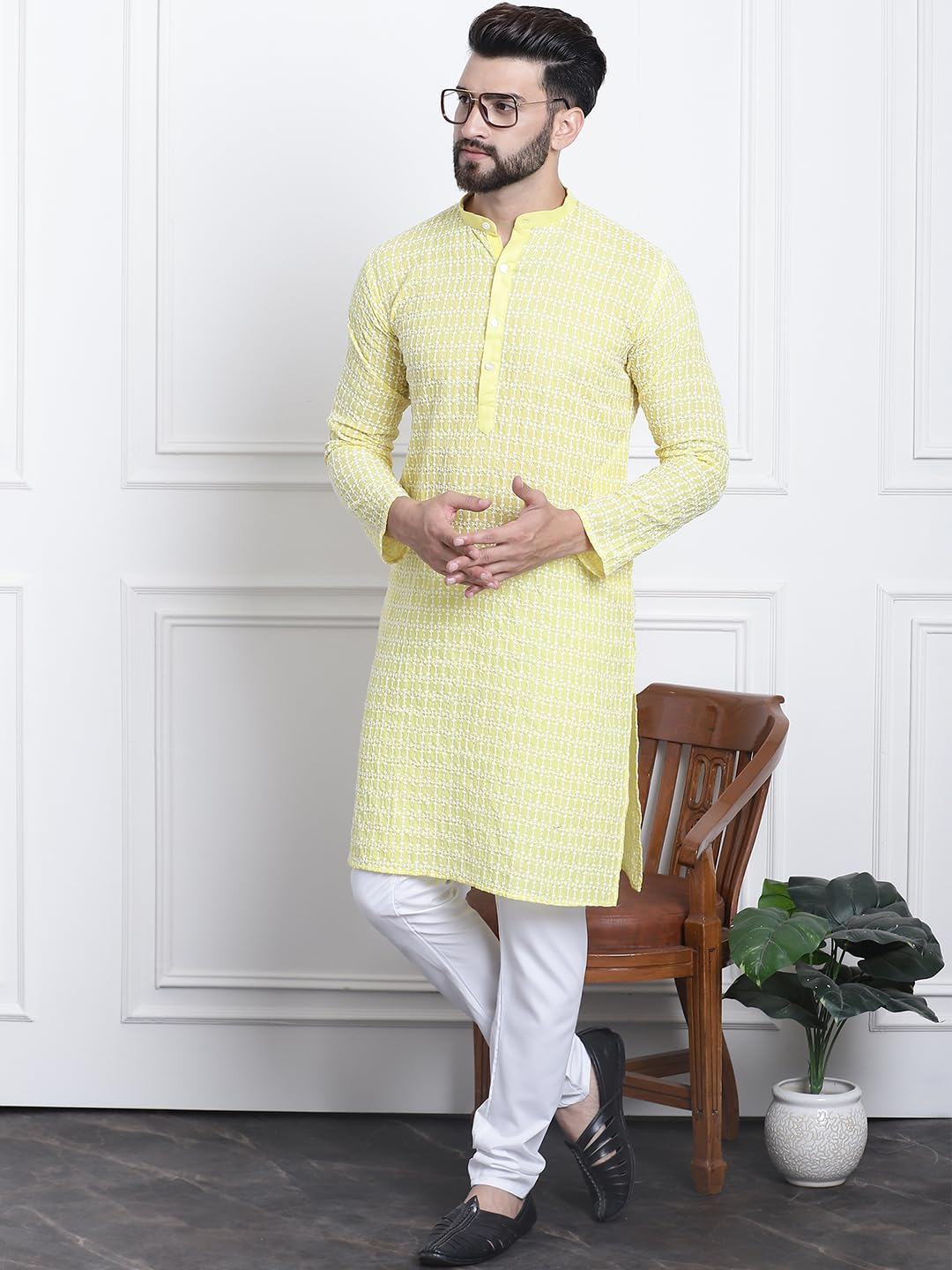 Sojanya (Since 1958 Men's Pure Cotton Yellow Kurta With White Embroidery And White Pyjama Set