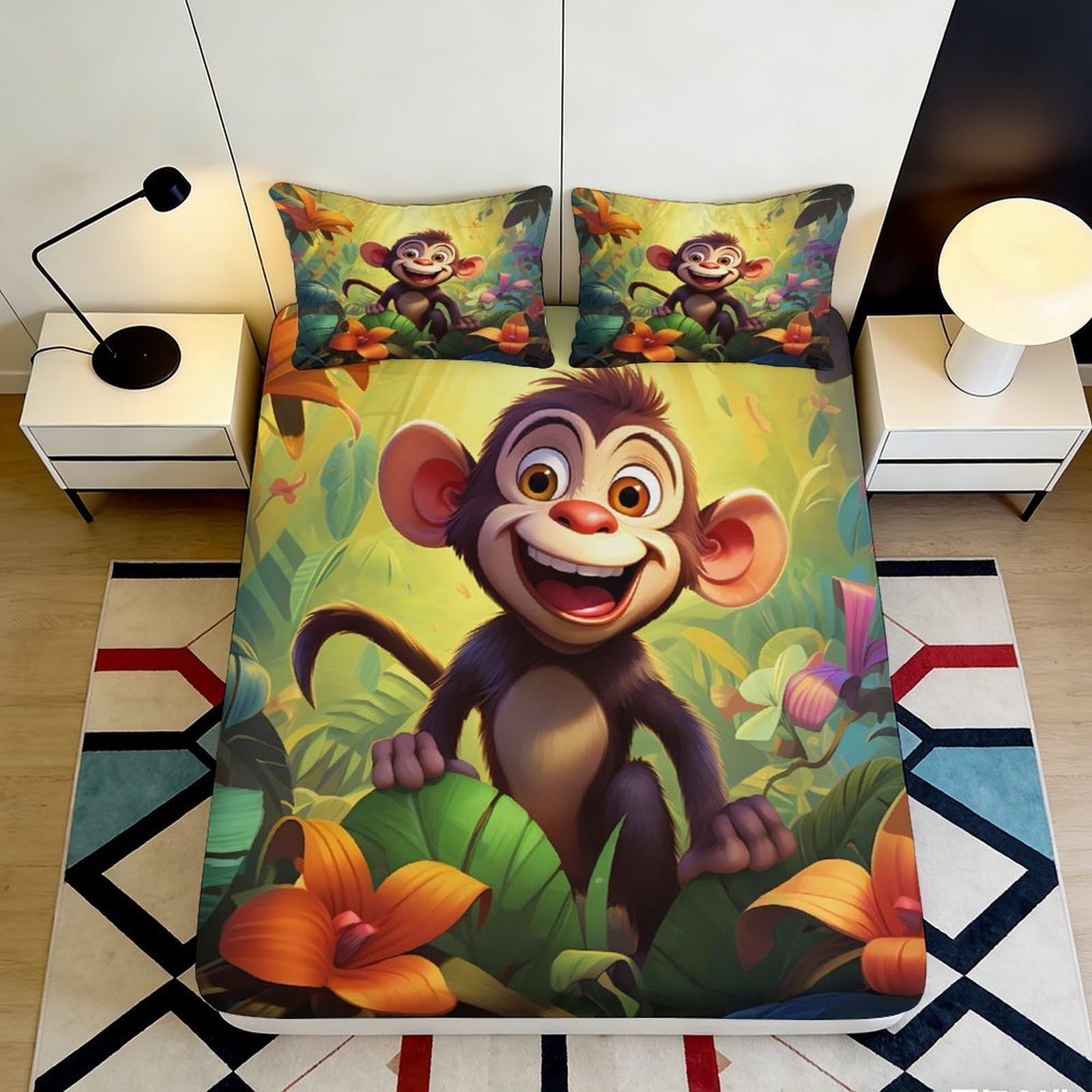 3D Printed Jungle Monkey Fitted Sheet Microfiber Soft Durable Cartoon Pattern Bed Cover for Bedroom Dormitory Guest Room Mattress Protection 180x200x25cm