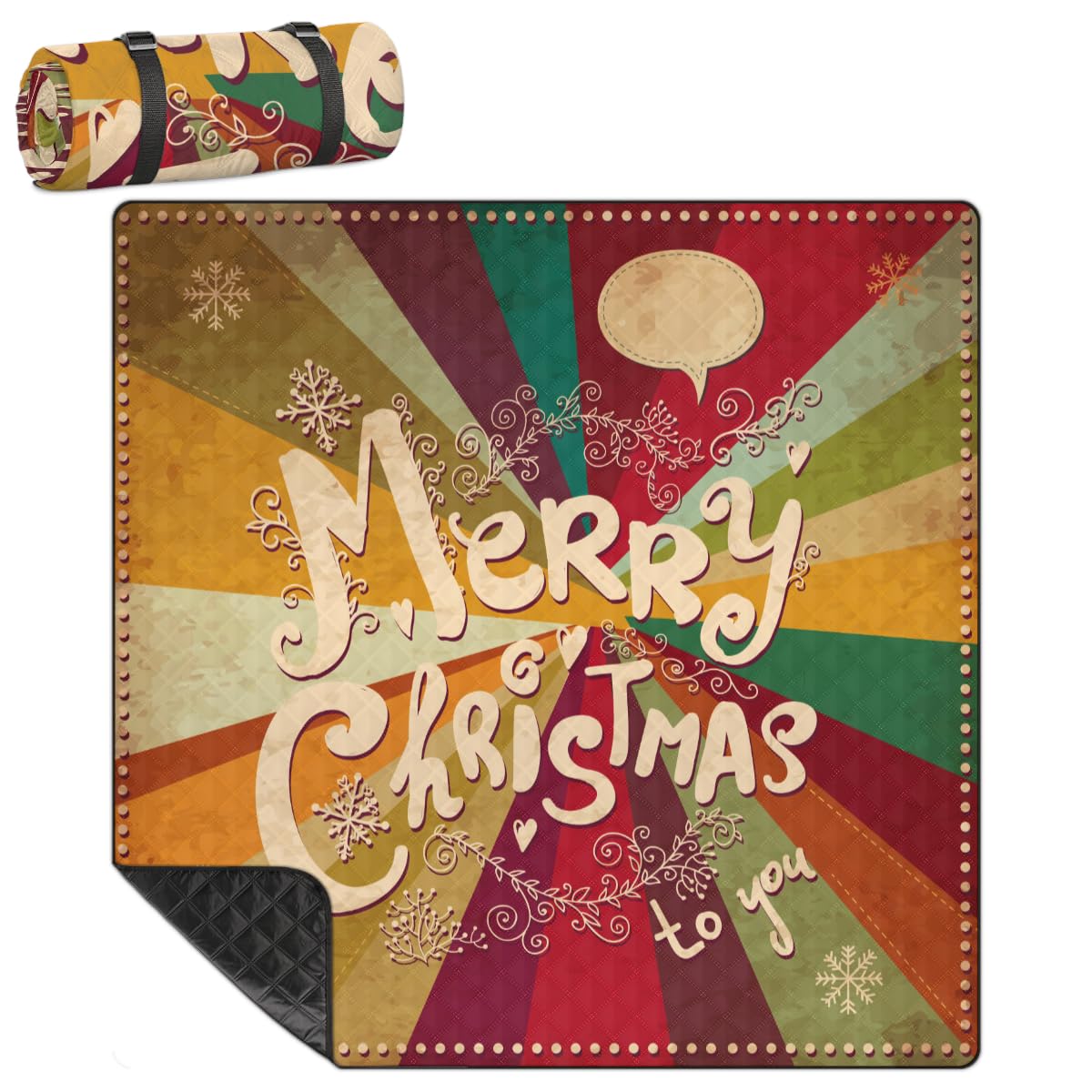 Shimoshe Extra Large Picnic Blankets 79”x 79”, Retro Merry Christmas Waterproof Foldable Picnic Mat with Straps Portable Beach Blanket for Camping Park Grass Beach Indoor