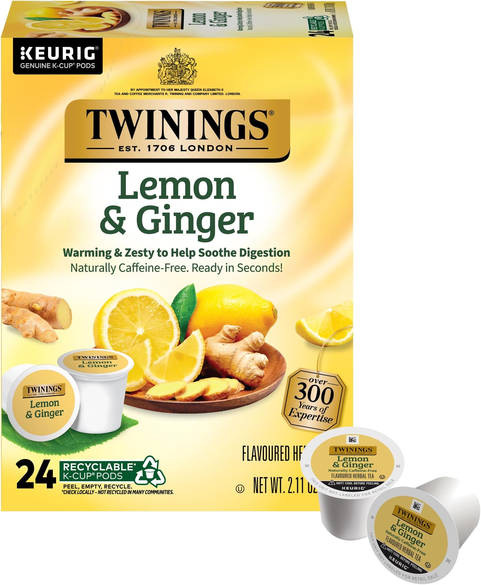 Twinings Lemon & Ginger Herbal Tea K-Cup Pods for Keurig, 24 Count (Pack of 1), Tangy & Spicy, Naturally Caffeine-Free, Enjoy Hot or Iced