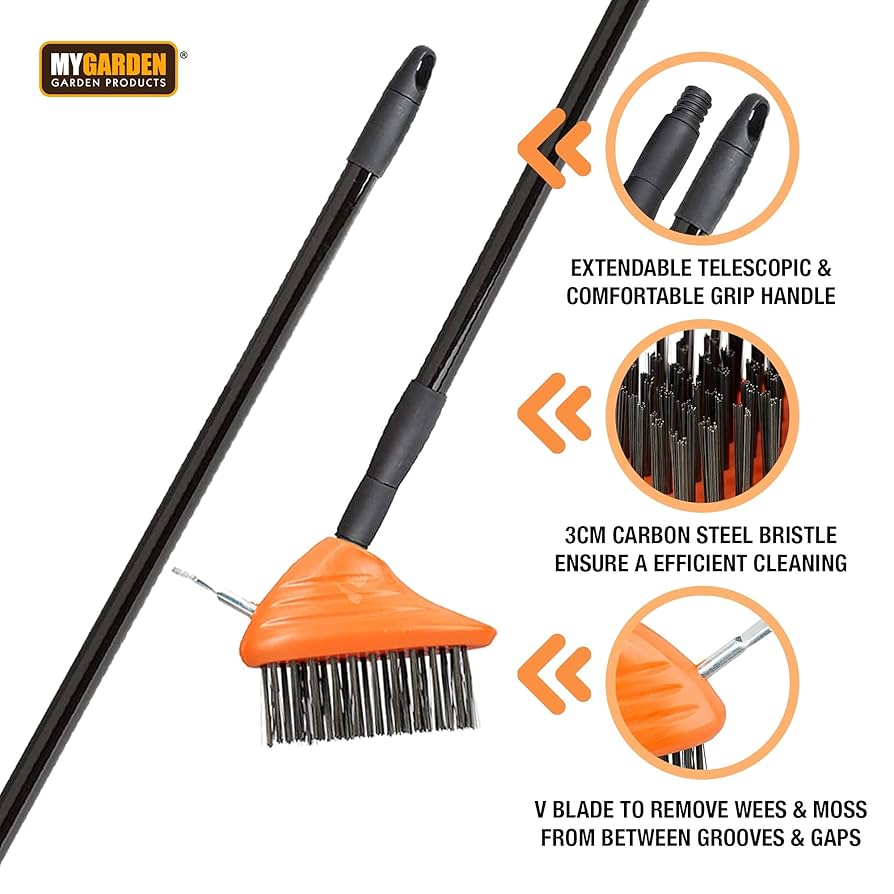 3 In 1 Telescopic Weed Remover Brush Wire Head Paving Decking Clean Scrub Moss Weed Remover Tool Wire Brush Scraper Set With Metal Broom & Weed Removal Head Green