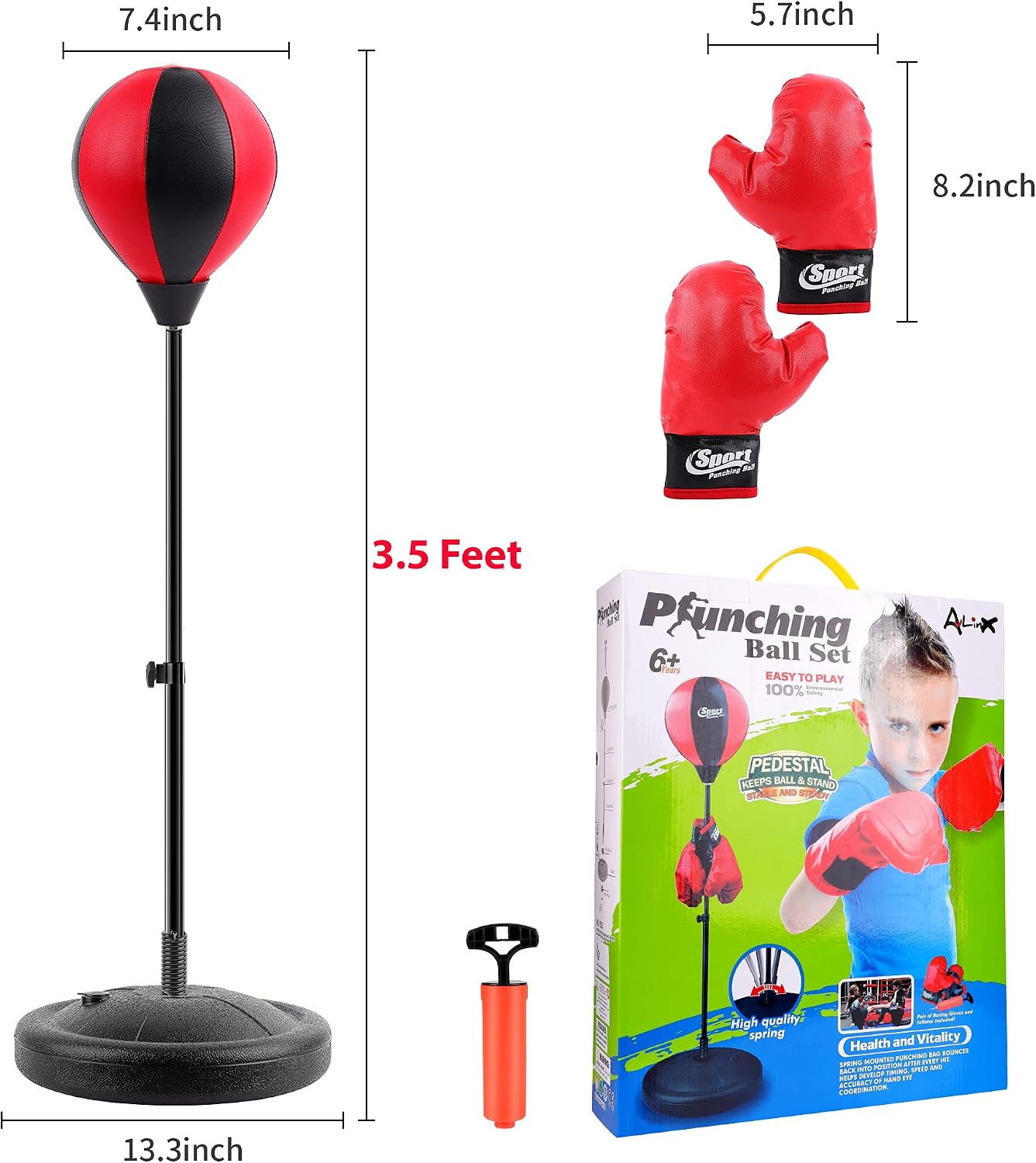 FiGoal Punching Bag for Kids Boxing Set Adjustable Stand with Strong Spring and 1 Pair of Boxing Gloves, Toys Gifts for Age 4 5 6 7 8 Boys Girls Stocking Stuffers Easter Party Favors