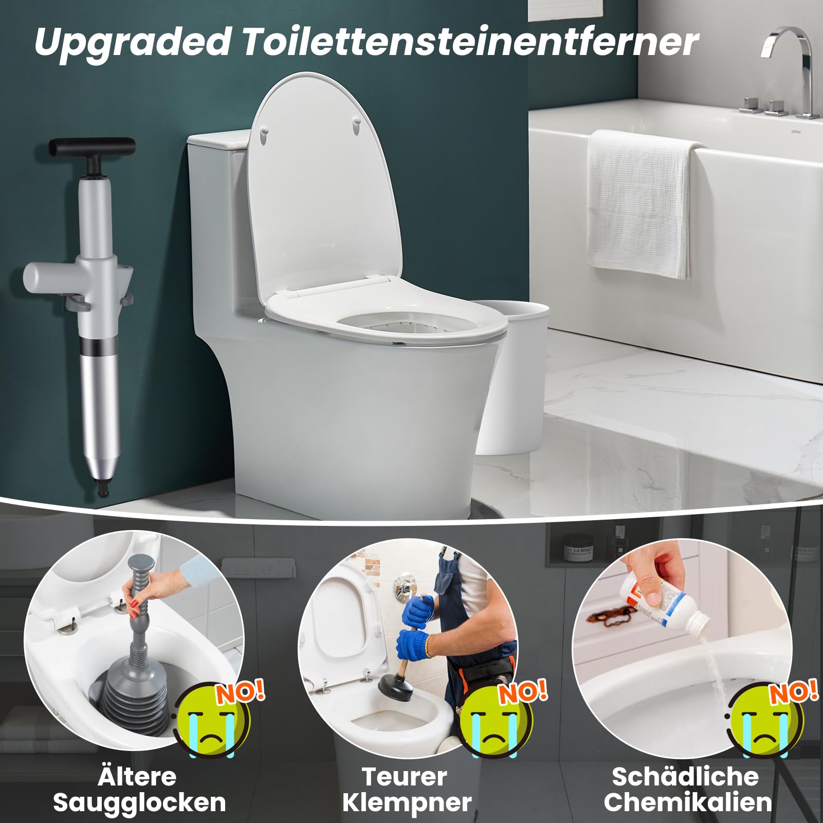 Pompe de débouchage haute pression avec indicateur de pression d'air, déboucheur d'air comprimé avec 4 ventouses, ventouse grise pour lavabo, toilettes, salle de bain, douche, cuisine