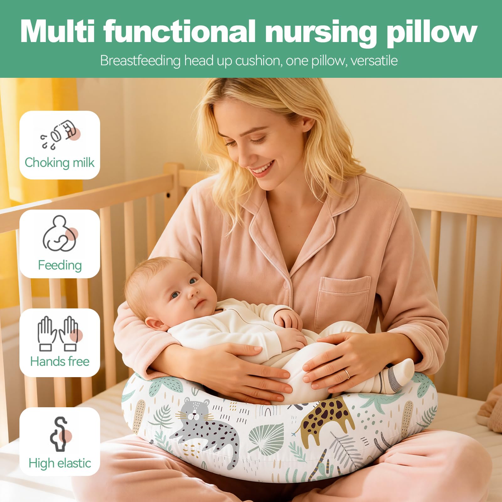Labtec Small Nursing Pillow for Breastfeeding Baby Multifunctional Breast Feeding Pillow 100% Cotton Removable Pillowcase, Zoo Pattern - Image 2