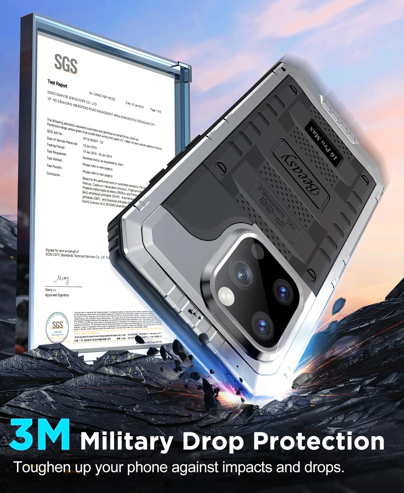 Beeasy Cover per iPhone 16 Pro Max IP68 Impermeabile Custodia Militare Antiurto Resistente 360° Metallo Armor Protezione Schermo Integrata Rugged Robusta Indistruttibile Subacquea Antipolvere Argento