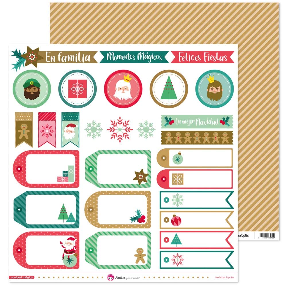 Anita y su mundo 37011350. Pack of 5 Sheets of Scrapbooking Paper with Labels, 30.5 x 30.5 cm, Magical Christmas Collection, Perfect for Gifts