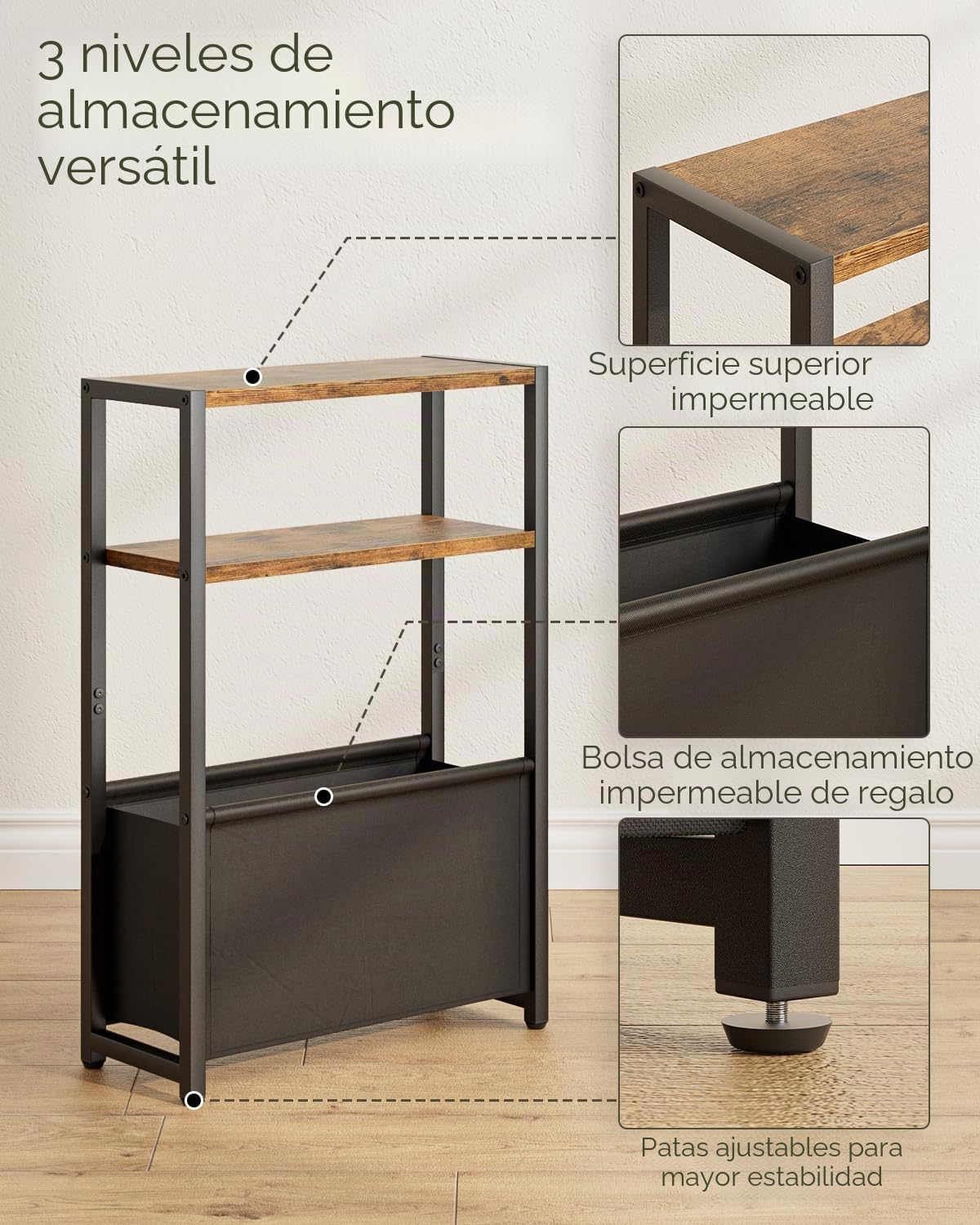 Mesa Auxiliar con Espacio de Almacenamiento, Mesa Auxiliar Estrecha de 3 Niveles con Bolsa, mesita de Noche Estrecha, pequeña Mesa de café para Espacios pequeños, Dormitorio, salón, Oficina