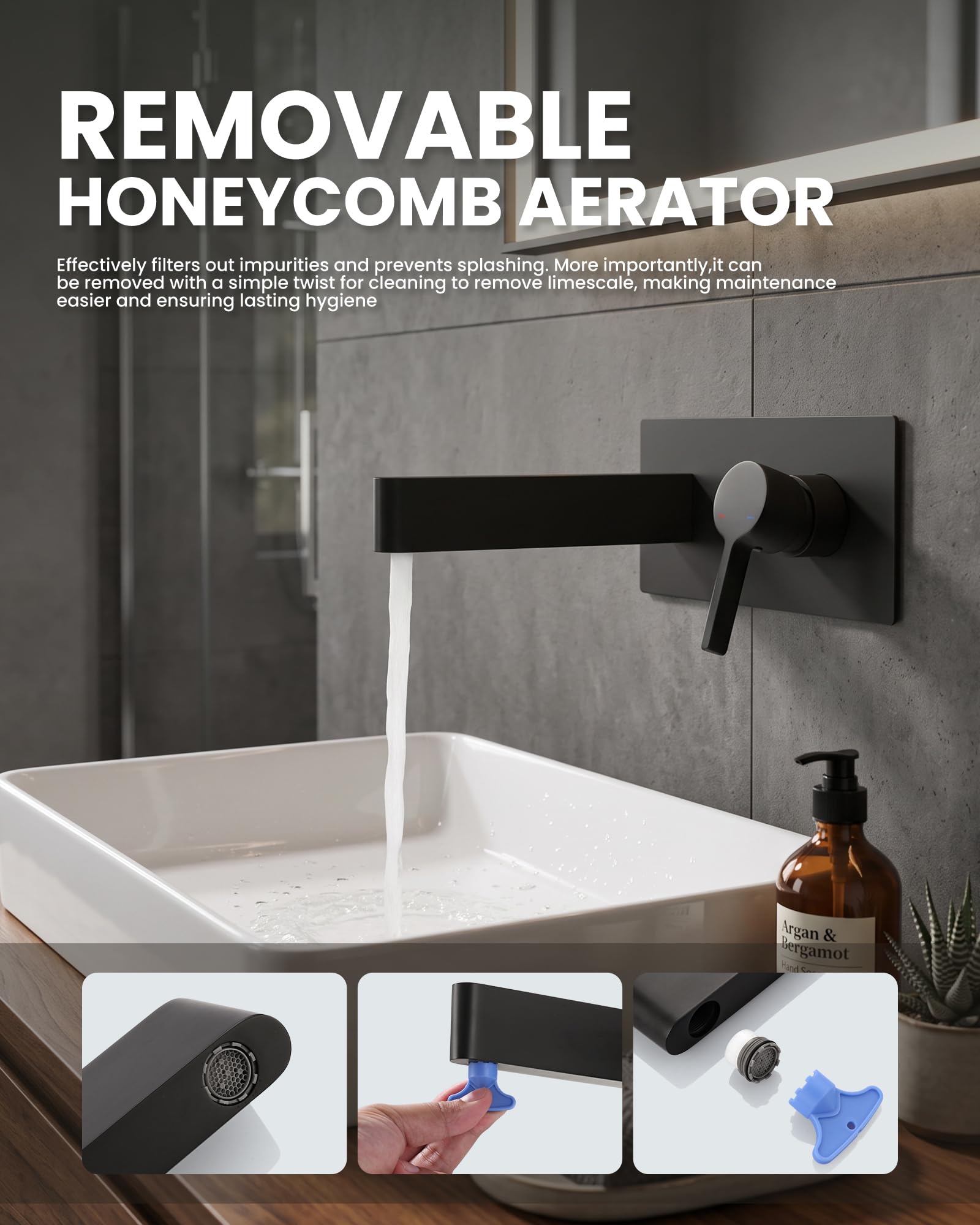 ARCORA Grifo de Lavabo Empotrado de Cobre y Acero Inoxidable, Monomando, Montaje en Pared, con Aireador, Montaje Empotrado para Lavabo, Negro
