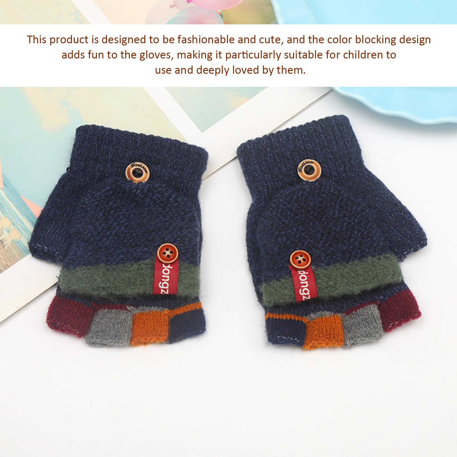 2 Pares De Guantes De Bloques De Color Para Niños, Guantes Cálidos, Guantes De Punto Para Niños, Guantes De Medio Dedo, Lindos Guantes Para Niños, Guantes Suaves