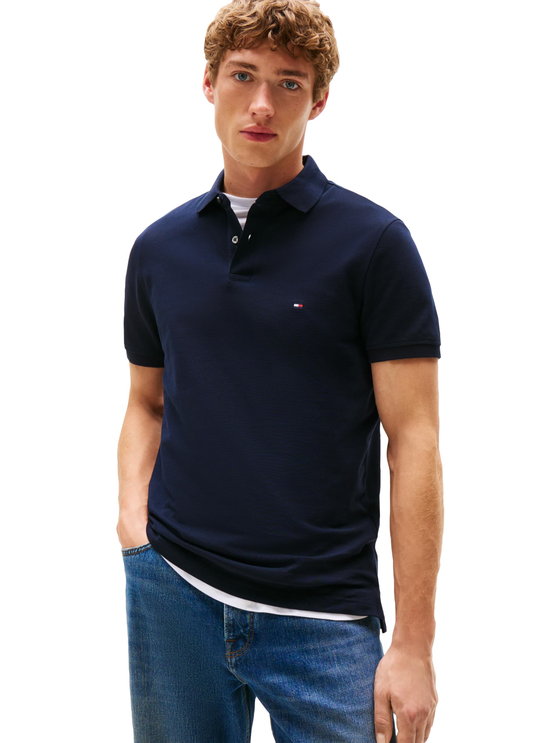 Tommy Hilfiger Herren Poloshirts Kurzarm in Regular Fit mit Stretch und Bio-Piqué-Baumwolle, Desert Sky Solid, Mittel