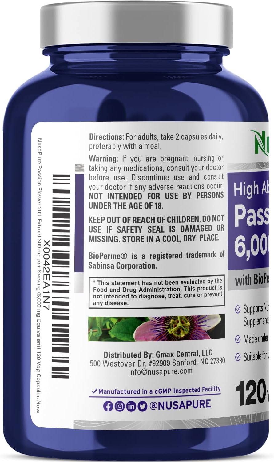 NusaPure Passion Flower 20:1 Extract, 300 mg Equivalent to 6,000mg, 120 Veggie Caps, Non-GMO, Bioperine, & Vegan Extract Supplement - Image 3