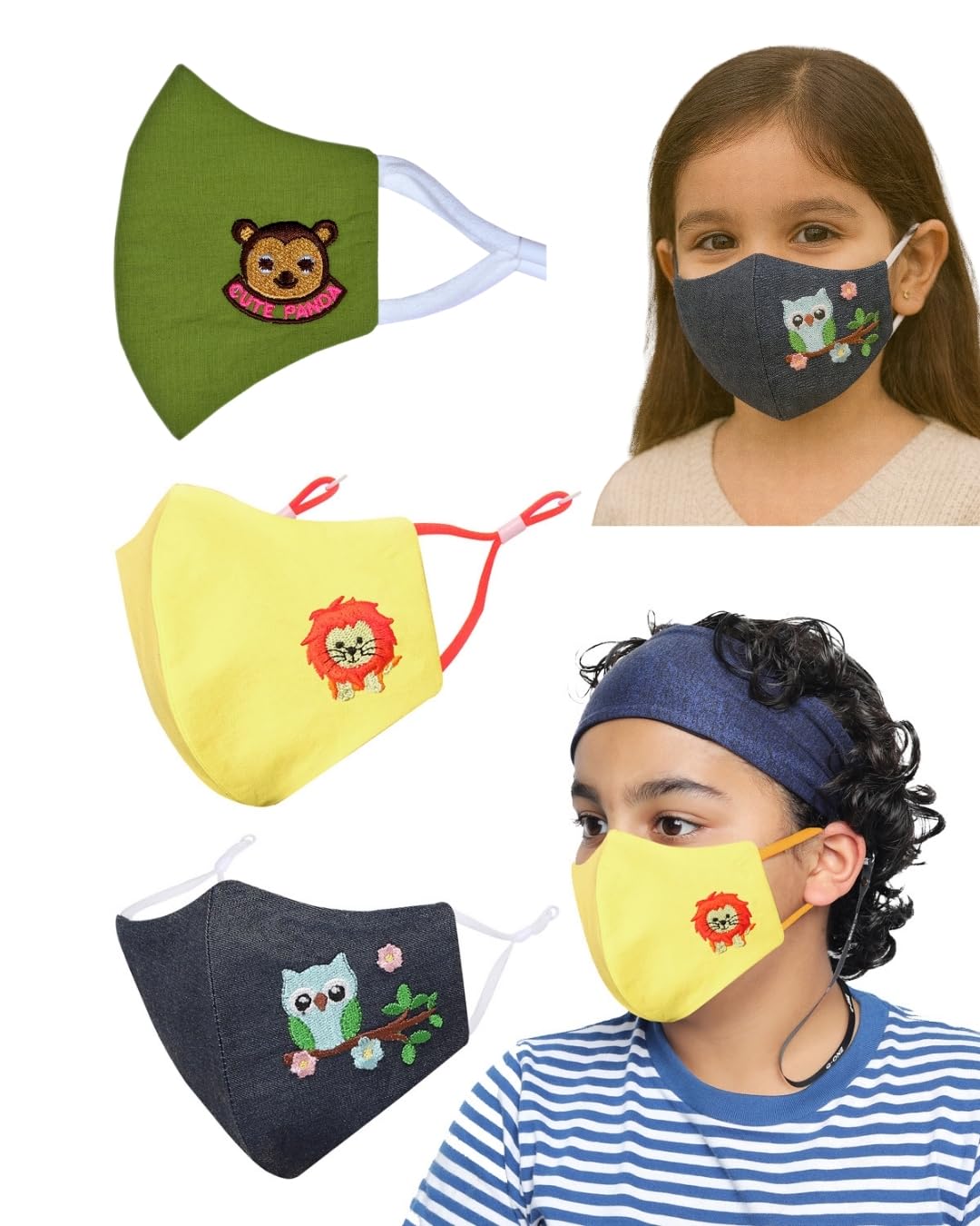 masq By Q-One Panda 4 Layer Washable, Reusable, Size Adjustable, Anti-Bacterial (BFE>99%) Embroidered Cotton Cloth Face Mask Combo for Unisex each with Lanyard, Ear Loops (Multicolor, Without Valve)-picture-2