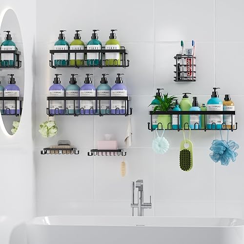 Miniatura 6 de IKSOO Paquete de 6 organizadores de ducha de gran capacidad de 13 pulgadas, estante de ducha adhesivo resistente para ducha interior, estantes de