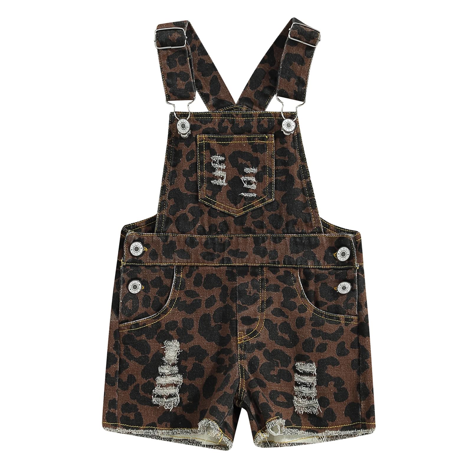 BULINGNA Kids Toddler Baby Girl Denim Suspender Shorts Sleeveless Jumpsuit Bib Pants with Pockets Summer Jeans Overall (Leopard, 4-5 Years)
