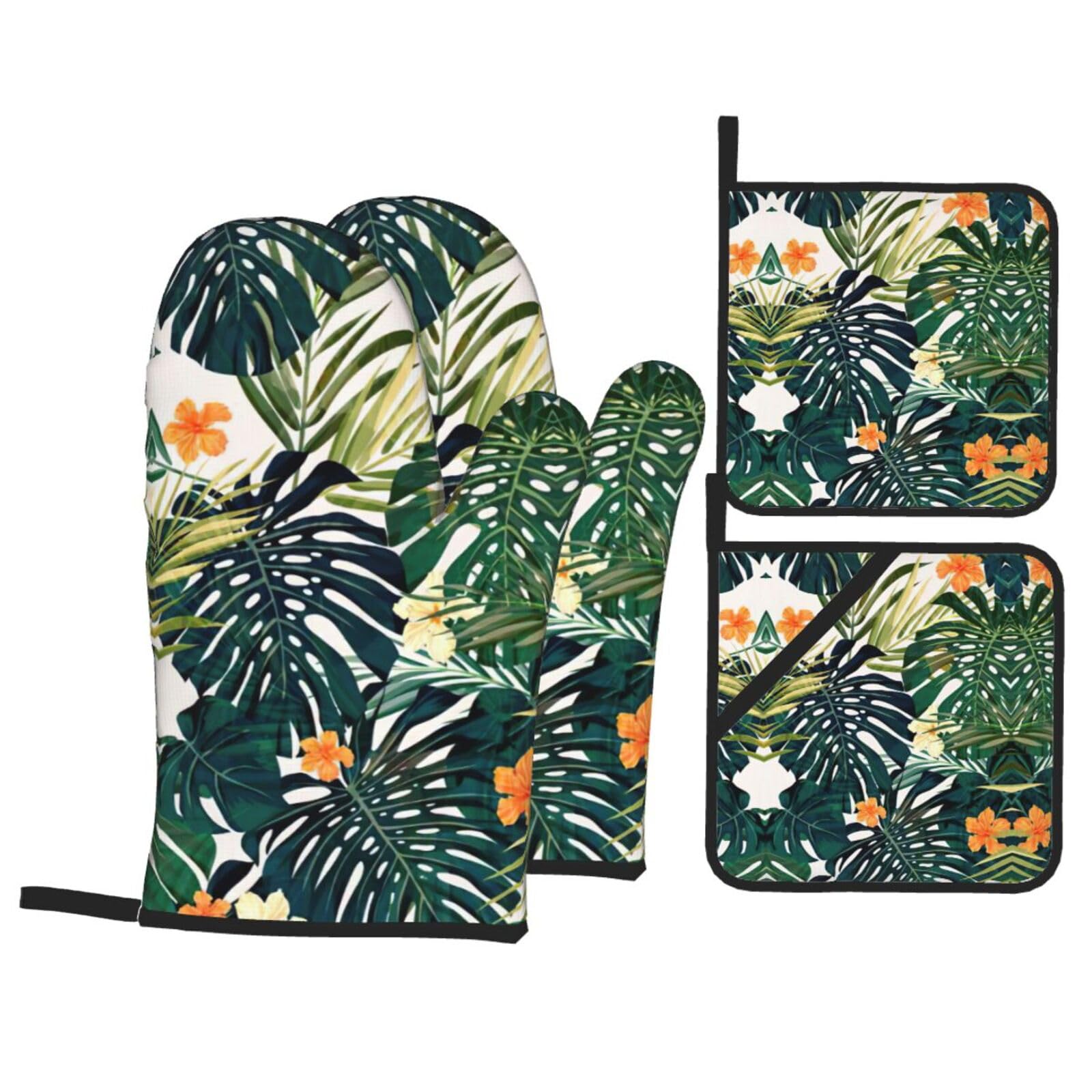 Tropical Summer Hawaiian Flower Palm Leaves Print Stylish 4-Piece Microwaving Oven Waterproof Kitchen Gloves Baking Holiday Cooking