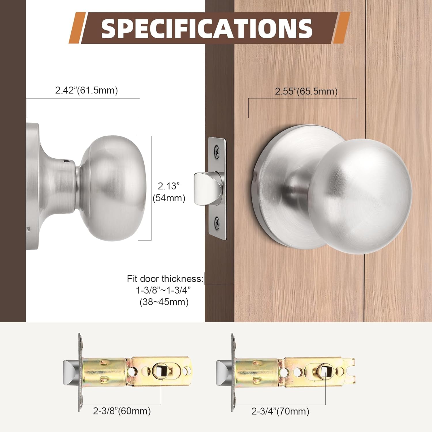 GOBEKOR Brushed Nickel Door Knobs Passage Door Knobs Interior for Closet Hallway Keyless Round Indoor Door Knob with Lock 5 Pack