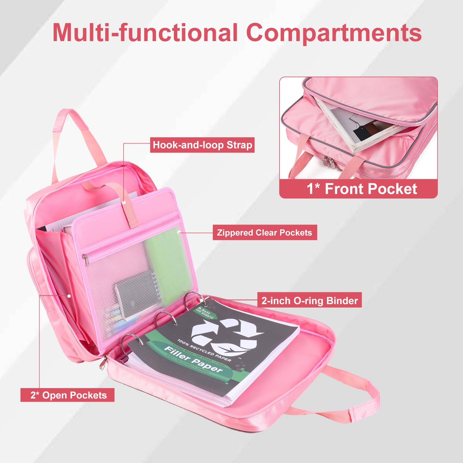 Zipper Binder, 2 Inch 3-Ring Binder with Zipper, Multi Pockets Organizer Binder, 500 Sheet Capacity, Comes with Shoulder Strap, Pink