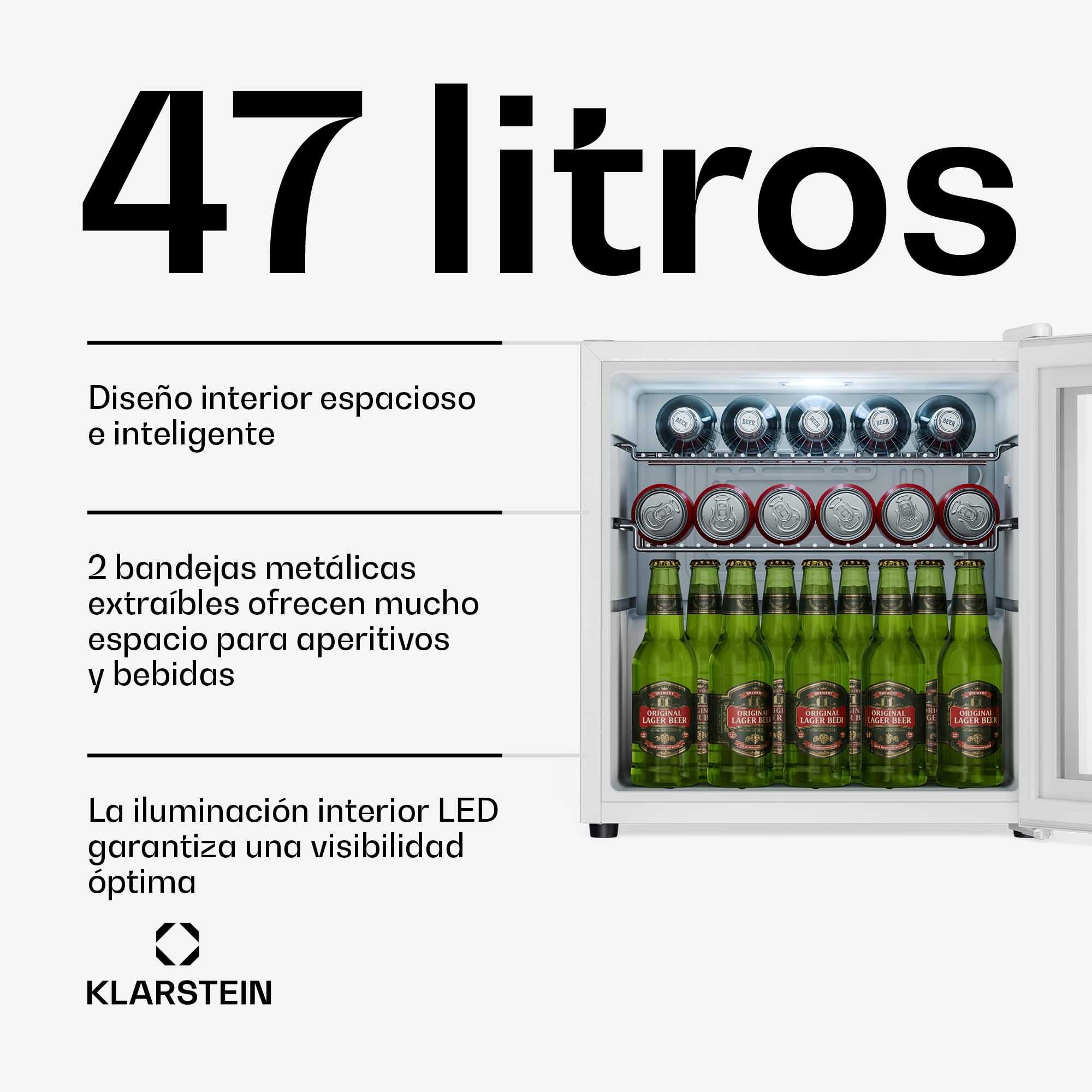KLARSTEIN Beersafe Nevera para Bebidas - 47L, Puerta de Cristal Espejo, 0-13°C, 2 Estantes Metálicos Extraíbles, Frigorifico para Bebidas, Control Giratorio, Bajo Ruido