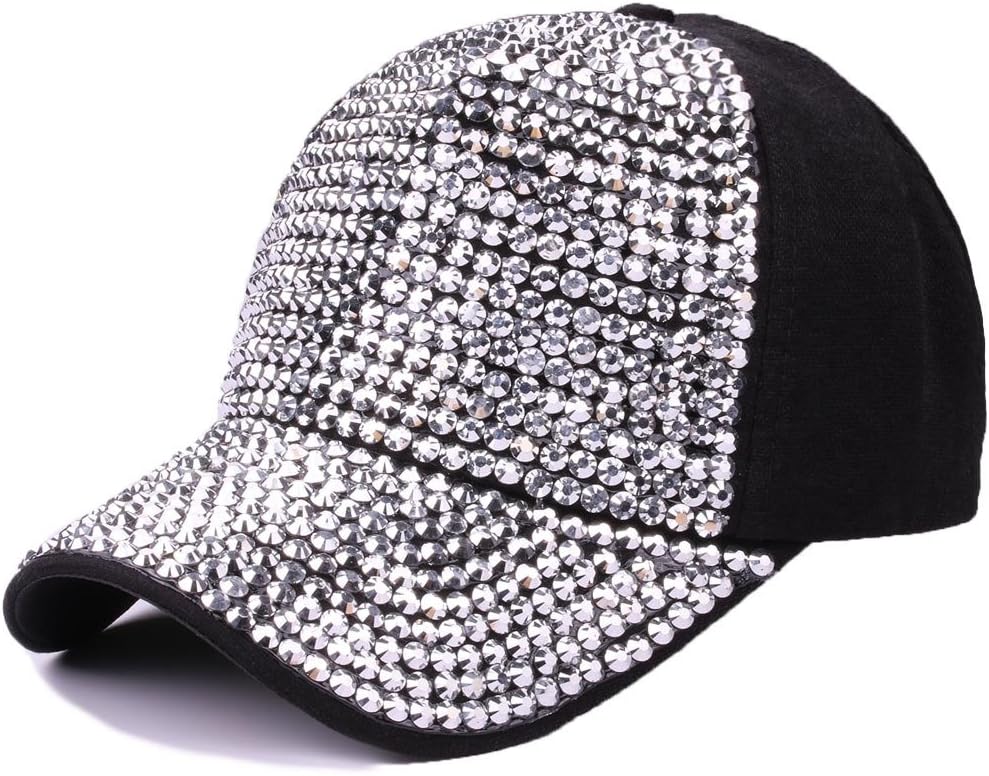Gudessly Damen Baseballkappe mit Nieten und Strasssteinen, verstellbar, einfarbig, glitzernd, Denim, Sonnenhut