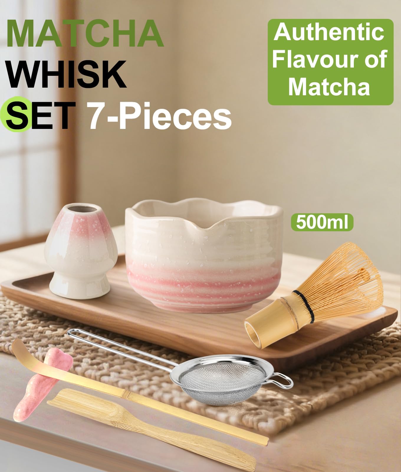 JBER Zestaw Matcha Różowy, 7-częściowy zestaw mioteł do matchy - miotełka bambusowa, miska do matchy z dzióbkiem, sitko i akcesoria, idealny dla miłośników matchy - gradient różowy