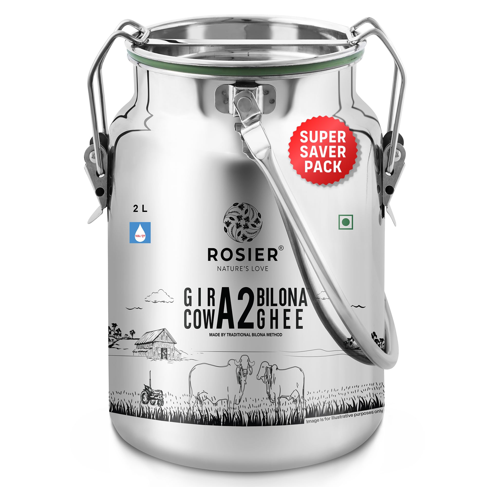 ROSIER A2 Gir Cow Ghee, Traditional Bilona Method, Pure, Natural and Healthy Ghee (2LTR Steel Dolchi)