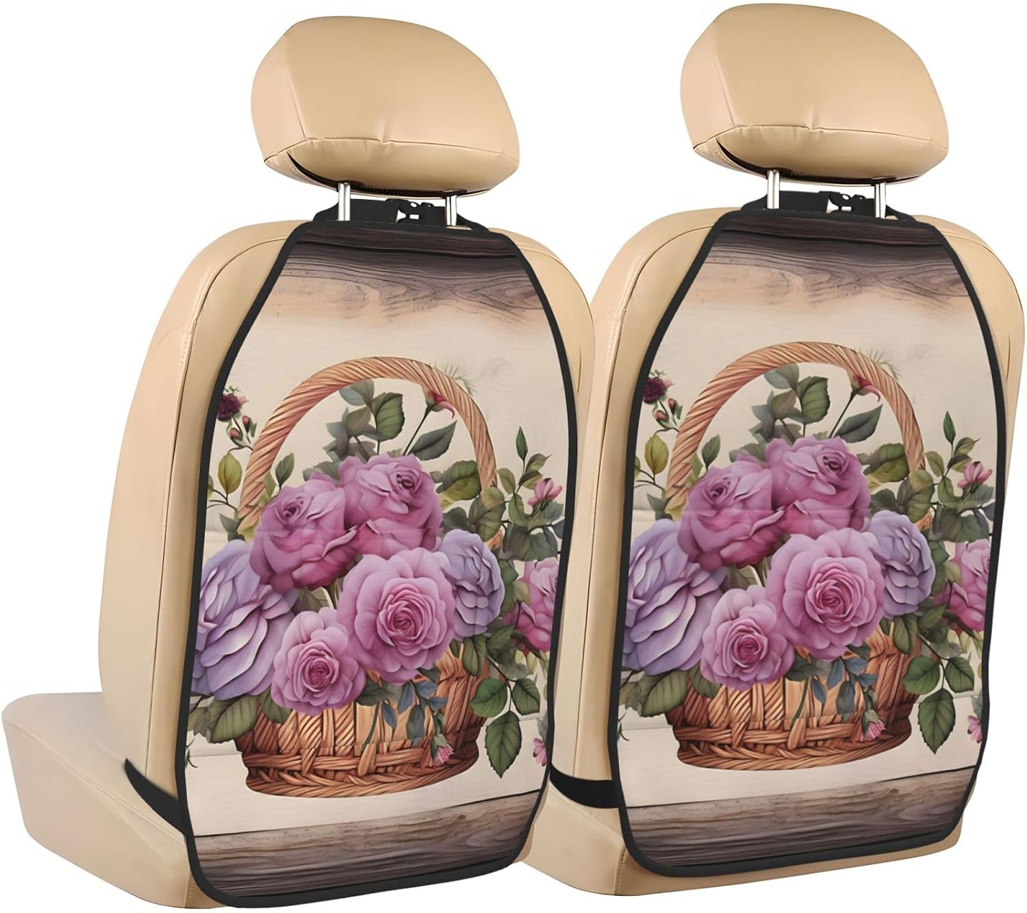Car Seat Back Kick Protector 2 Pack 18.5x26.4 Inch, Vintage Rose Basket Anti-Kick Pad, Waterproof Oxford Fabric Large Rear Seat Cover for Kids Pets Fits SUV Jeep Truck Sedan
