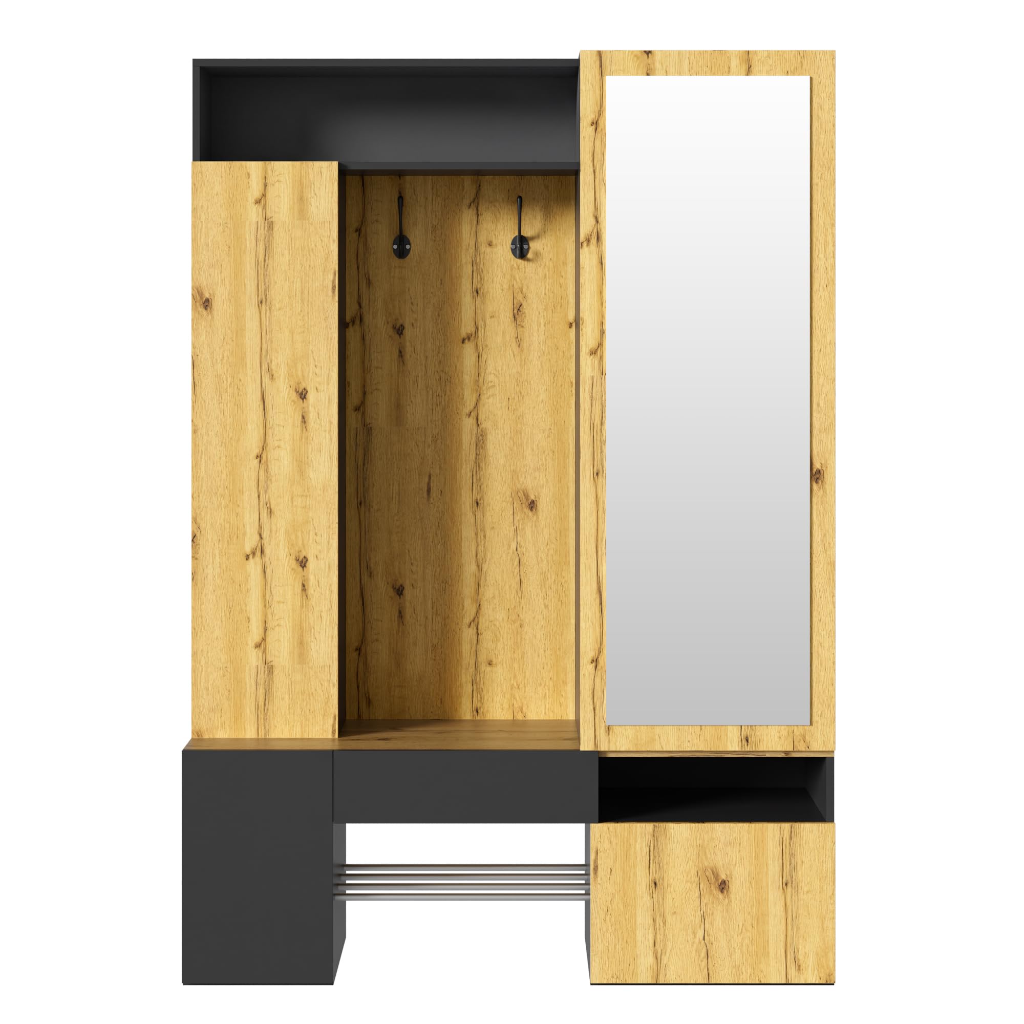 Armario de madera MDF con espejo, color negro natural, zapatero, perchero, perchero, gancho