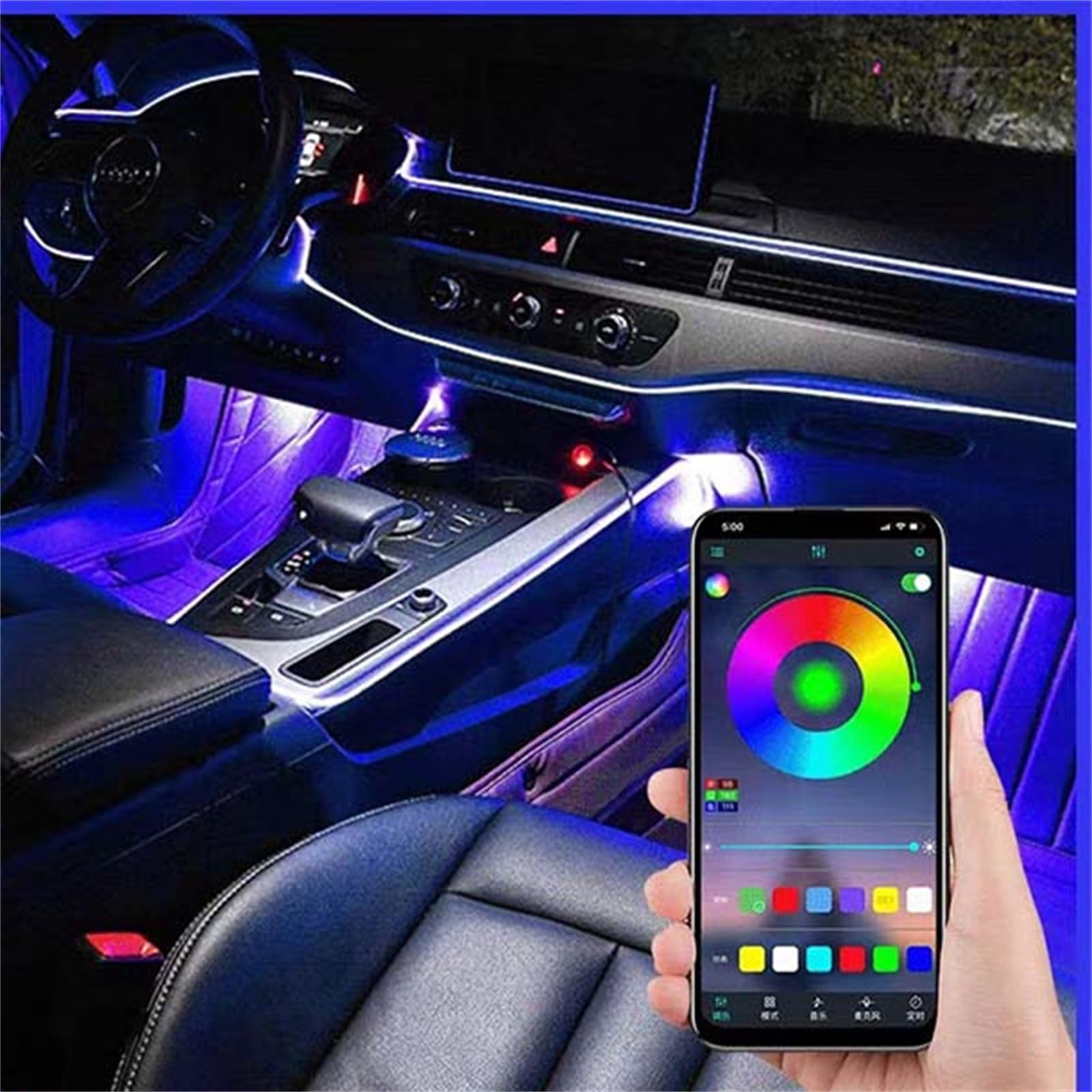 Tira De Luces LED para Coche, Luces LED De Ambiente Interior para Coche, Luz Ambiental RGB Universal, Aplicación De Fibra Óptica, Control De Música, Lámpara De Neón Decorativa Automática,App and 5