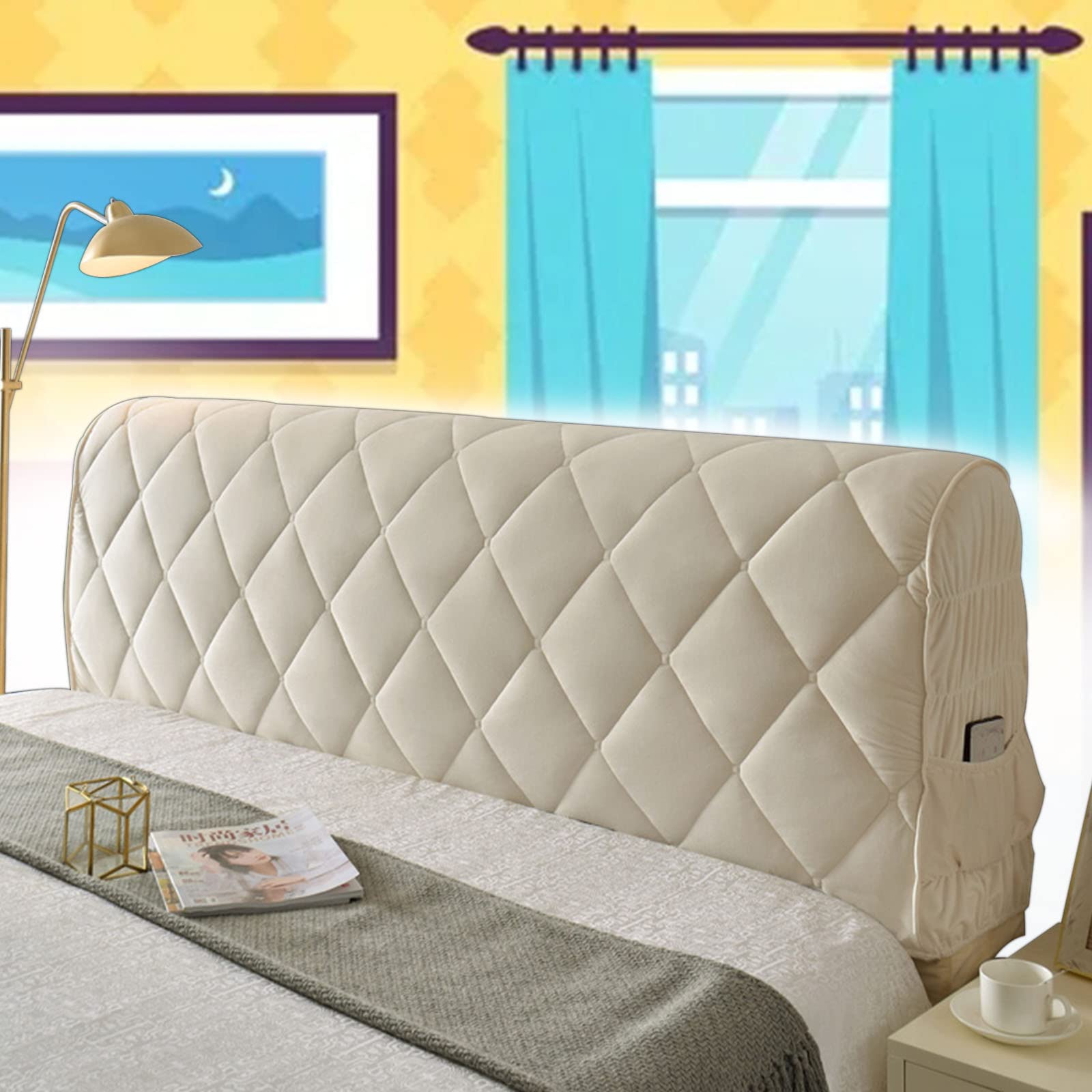 Copritestiera Letto Imbottito In Velluto - Grigio, 200cm, Fodera Elastica, Antipolvere