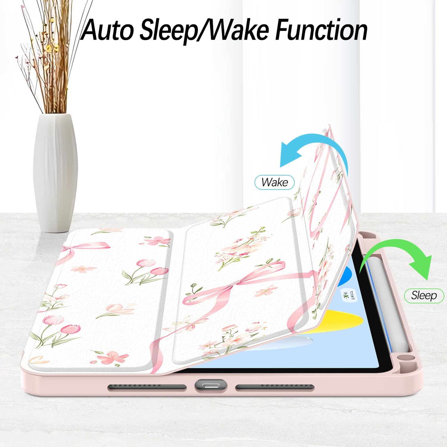 Case for iPad Air 13 Inch M3 2025/M2 2024, iPad Pro 12.9 inch 6th /5th /4th/ 3rd Generation (2022/2021/2020/2018), Stand Case Cover with Pencil Holder/Clear Back, Auto Sleep/Wake, Bow Tulip